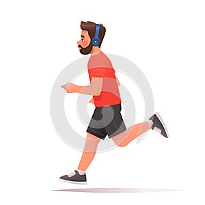 Happy man runs on a white background. The guy listens to music on headphones while jogging. Vector illustration