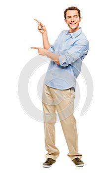 Happy man showing empty copy space portrait white background