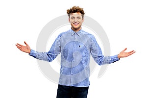 Happy man showing welcome sign