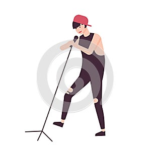 Happy man singer, rock vocalist or punk rocker wearing cap and singing in microphone. Male cartoon character performing