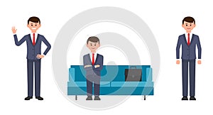 Happy man sitting on blue sofa with crossed hands, waving and smiling. Vector illustration of cartoon character businessmen.