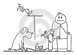 Happy Man Sitting in Chair Surrounded by His Pets Dog, Cat, Bunny and Bird , Vector Cartoon Stick Figure Illustration