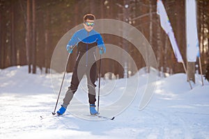 Happy man skier on cross country skiing, Concept active winter sport on snowy track