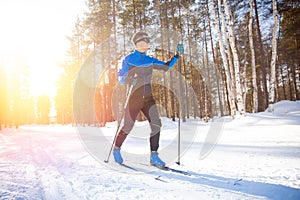 Happy man skier on cross country skiing, Concept active winter sport on snowy track