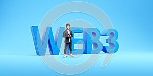 Happy man with smartphone standing near web3 sign