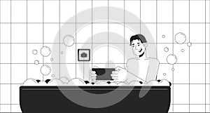 Happy man with smartphone taking bath black and white line illustration