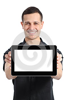 Happy man smiling showing a blank tablet app