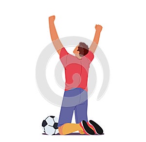 Happy Man Soccer Player Celebrating Win After Goal Stand on Knees with Ball and Raised Hands Rear View Character Rejoice