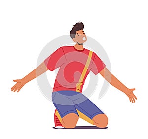 Happy Man Soccer Player Stand on Knees and Happily Yelling. Sportsman in Uniform Celebrating Victory, Goal or Win