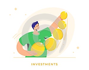 Happy man standing alone and holding five golden coins as an investor