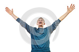 Happy man successful lad with arms up