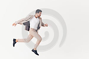 happy man suit beige person businessman smiling victory running winner business