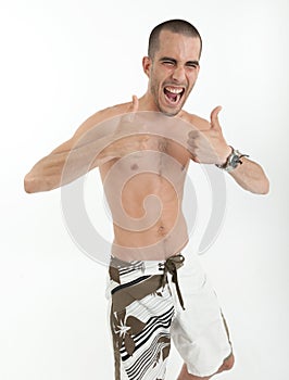 Happy man in swimming trunks