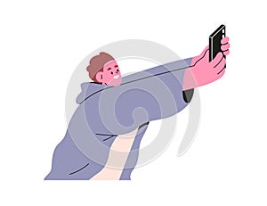 Happy man taking selfie photo on mobile phone. Smiling excited person stretching arms with smartphone, holding cellphone