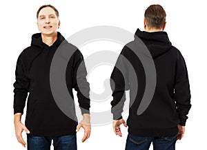 Happy man in template mens black hoodie sweatshirt isolated on white background. Man in blank black sweatshirt hoody with copy