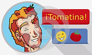 Happy Man Texting in Social Network about Tomatina Event, Vector Illustration photo