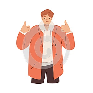 Happy man with thumbs up, expressing agreement and approval. Positive person gesturing like, super with hands and