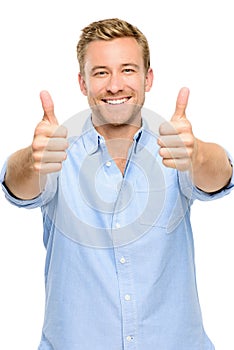 Happy man thumbs up sign full length portrait on white background