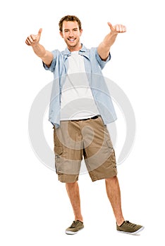 Happy man thumbs up white background