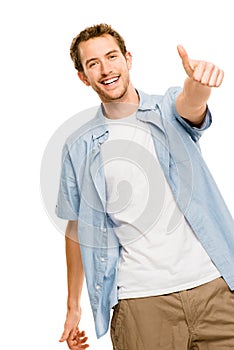 Happy man thumbs up white background