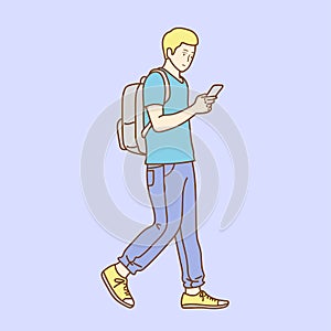 Happy man using phone while walking on street. Concept of young people working mobile devices.