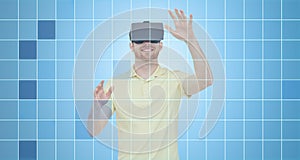 Happy man in virtual reality headset or 3d glasses