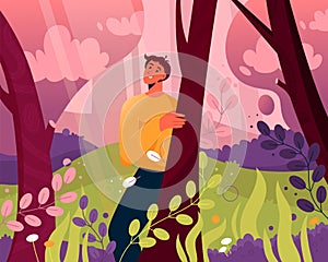 Happy man walking in abstract magic forest scene