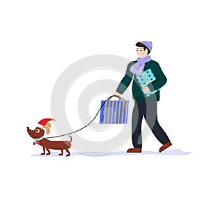 Happy man walking with a dog. Holiday shopping. Vector winter christmas illustration.