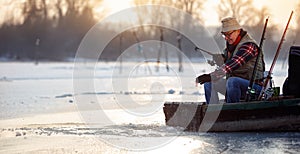 Happy man on winter fishing on the frozen lake