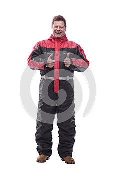 Happy man in winter insulated overalls. isolated on a white