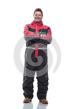 happy man in winter insulated overalls. isolated on a white