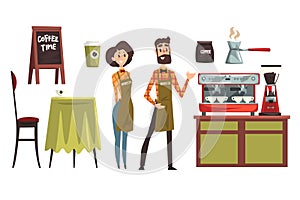 Happy man and woman barista wearing plaid shirts. Set with design elements of coffee shop equipment table, chair, cups