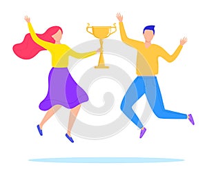 Happy man woman celebrating victory gold trophy. Cheerful couple jumping happily prize cup