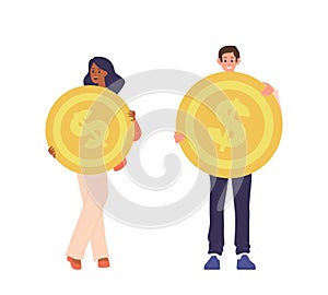 Happy man and woman characters holding golden dollar coin isolated set with concept of earning money