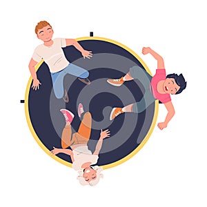 Happy Man and Woman Characters Jumping on Trampoline Bouncing and Flying in the Air Above View Vector Illustration