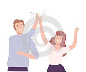 Happy Man and Woman Giving High Five to Each Other Vector Illustration