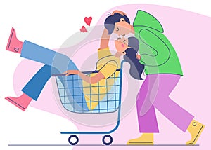 Happy man and woman having fun and riding on shopping cart in supermarket feeling playful vector illustration