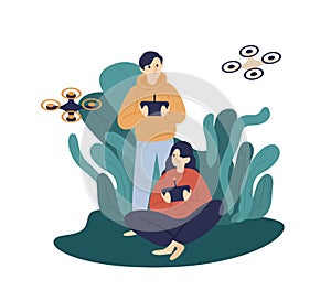 Happy man and woman hold remote control of quadcopter vector flat illustration. Couple hide in bushes with drone device