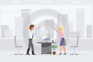 Happy man, woman office interior vector. Giving high five, successful report, smiling, hands up male, female cartoon character