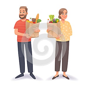 Happy man and woman with a package of groceries. Grocery store shoppers