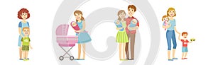 Happy Man and Woman Parent Character Enjoy Time Together with Kid Vector Set