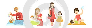 Happy Man and Woman Parent Character Enjoy Time Together with Kid Vector Set