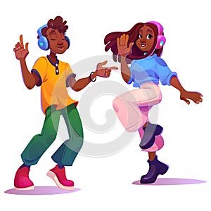 Happy man and woman people character listen music