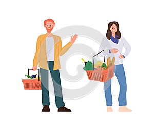 Happy man and woman shopper character with product basket enjoying shopping time on weekend photo