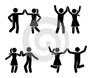 Happy man and woman stick figure dancing together. Black and white couple enjoy party icon.