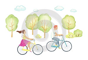 Happy man and woman on summer biking in the Park. watercolors illustration. boy and girl riding a bike in the Park