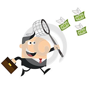 Happy Manager Chasing Flying Money With A Net.Flat Design Style