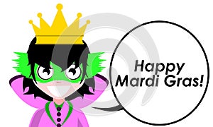Happy Mardi Gras, girl, greetings, colors, english, isolated.