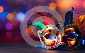 Happy Mardi Gras poster. Banner template with a Venetian carnival mask on blurred colourful background photo