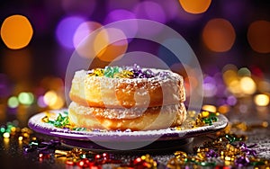 Happy Mardi Gras poster. Ein Hefekuchen, a bright colourful dessert on blurred background. Decorated round mini cake on the plate